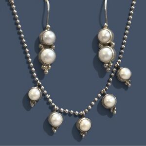 Sterling Silver Freshwater Pearl Drop Necklace & Earrings Set Dainty Boho